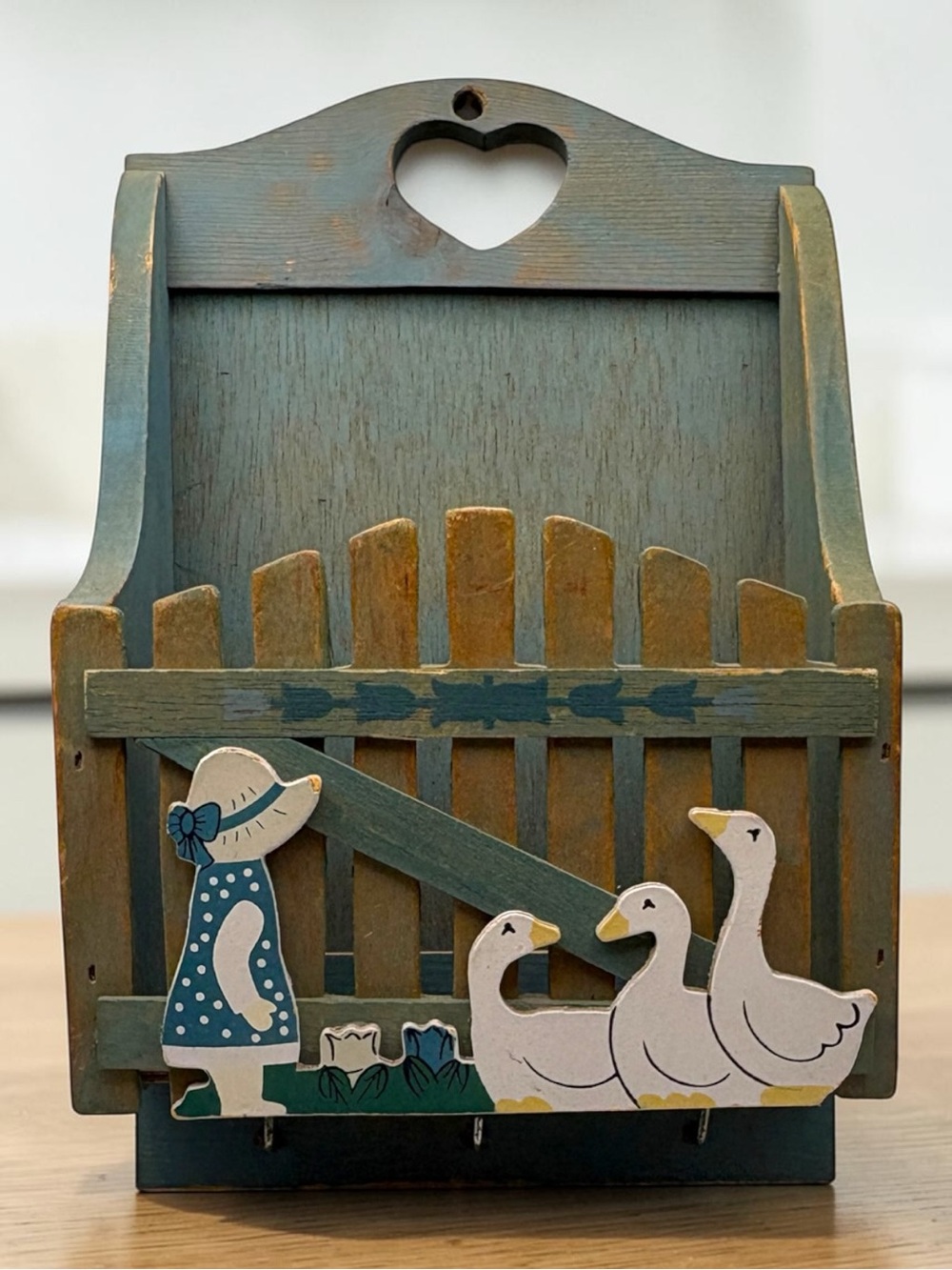 Vintage Blue Wooden Wall Mounted Key & Letter Holder w/ Sunbonnet Sue & Geese
